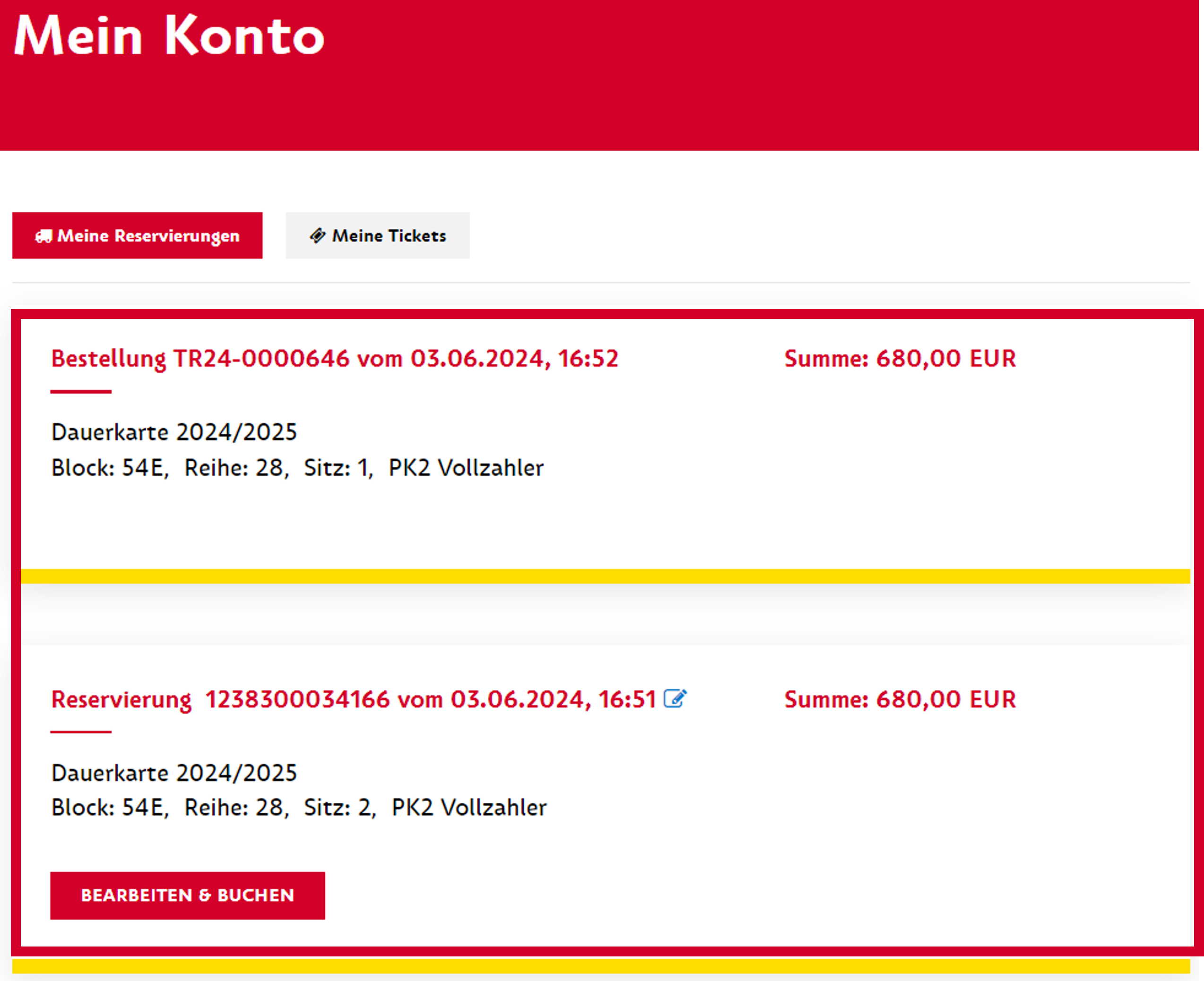 Meine Reservierungen Screenshot